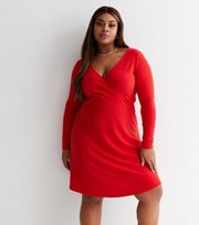 New Look Curves Red Ribbed Jersey V Neck Long Sleeve Mini Wrap Dress